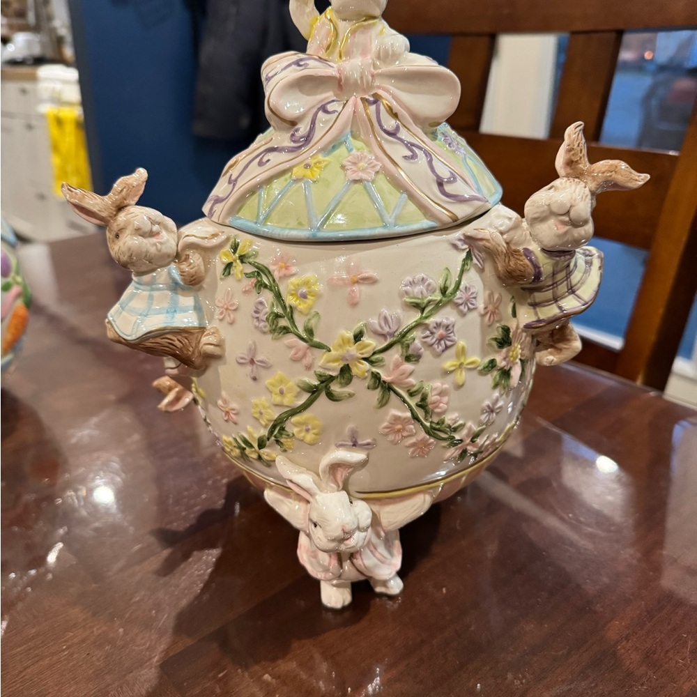 Whimsical Bunny Floral Ceramic cookie jar